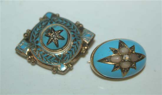 2 blue enamel brooches